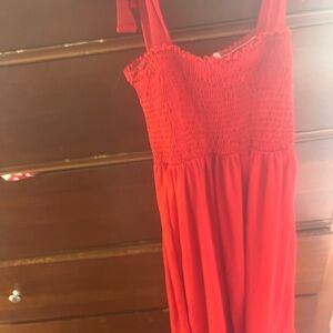 Red Smocked Midi Sundress with Tie Straps
